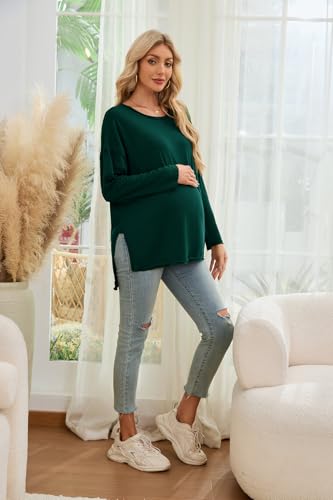 Smallshow Women's Long Sleeve Maternity Shirts Loose Tunic Pregnancy Tops - color: Deep Green, size: Large