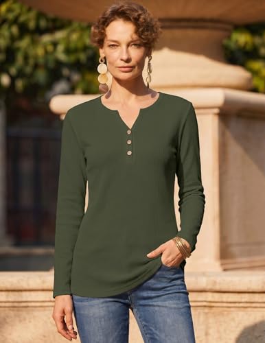 Zeagoo Women's Long Sleeve Waffle Knit Tops 2026 Fall Henley V Neck Shirts - color: Army Green, size: Large