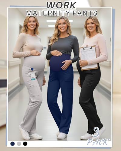 3 Pack Women's Maternity Scrub Pants with 6 Pockets - color: Black, Light Gray, Navy Blue, size: Medium