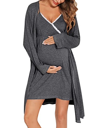 SWOMOG Womens Maternity Robe 2 Piece Nursing Nightgown for Breastfeeding 3 in 1 Labor Delivery Nursing Dress Lace Bathrobe - color: A-dark Gray, size: Large