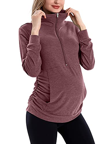 GINKANA Maternity Women's Long Sleeve Shirt Half Zipper Lapel Lightweight Casual Maternity Pullover with Pockets - color: Burgundy, size: Small