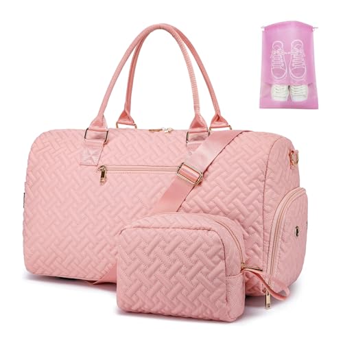 Duffle Bag for Travel, Weekender Bag with Shoe Compartment, Carry On Overnight Bag for Women with Toiletry Bag, Gym Bag with Wet Pocket, Hospital Bags for Labor and Delivery - color: Pink, size: Small