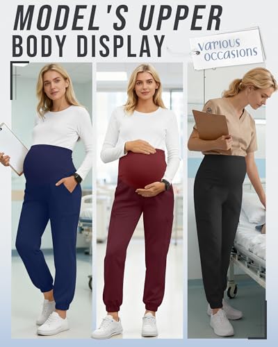 3 Pack Maternity Scrub Cargo Jogger Pants - color: Black, Wine Red, Navy Blue, size: Medium