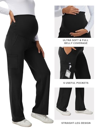 Women's Maternity Scrub Pants with 6 Pockets & 4-Way Stretch - color: Black, size: X-Large