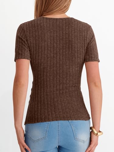 ANRABESS Women Short Sleeve V Neck Shirts - color: Brown, size: Small