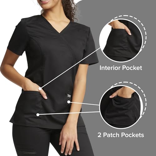 Cherokee Scrubs Top for Women Mock Wrap with 3 Pockets, Soft, 2-Way Stretch & Durable Fabric - WW610 - color: Black, size: 5X-Large Plus