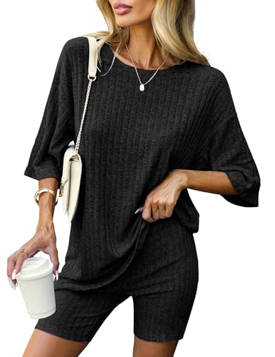 Ekouaer Women 2 Piece Lounge Sets Ribbed Knit Oversized Shirt Biker Shorts - color: Black, size: Medium