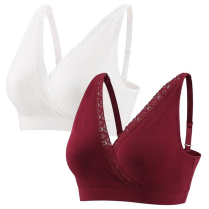 Wireless Cotton Nursing Bra for Sleep& Maternity, Pregnancy Breastfeeding Top, Adjustable Straps, Full Coverage - color: Red Wine+white/2pack, size: Medium