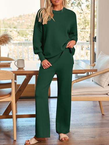 LILLUSORY Women 2 Piece Matching Lounge Sweater Sets 2026 Fall Outfit - color: Dark Green, size: Large