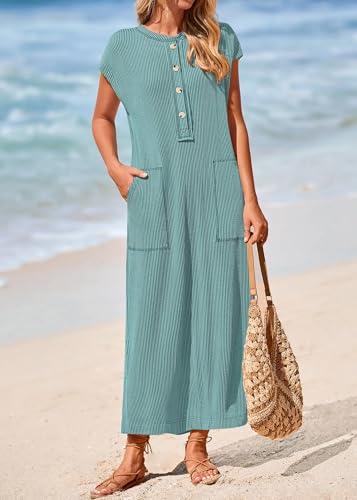 KIRUNDO Womens Summer Ribbed Knit Short Sleeve Maxi Dress - color: Bean Green, size: Medium