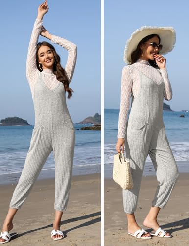 Jumpsuits for Women Summer V Neck Casual Overall Sleeveless with Pockets - color: Light Gray, size: Medium