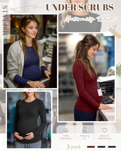 Neer 3 Pack Maternity Under Scrub T Shirt Long Sleeve Undershirt - color: Black, Navy Blue, Wine Red, size: Small