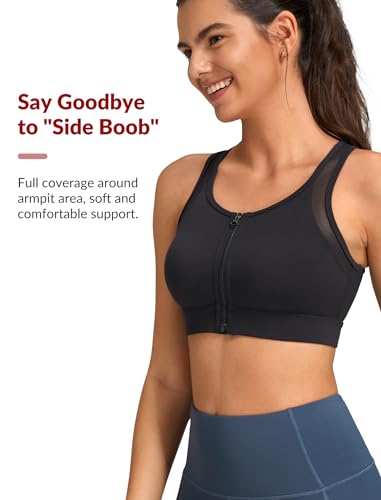 Yvette Women Front Zip High Impact Racerback Sports Bra - color: Black, size: (4X) D/DDD