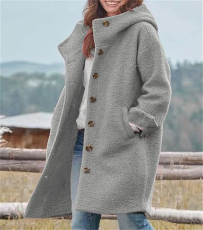 chouyatou Women's Winter Single Breasted Long Wool Coat with Hood Casual Wool Blend Trench Coat Jacket - color: Gray, size: Small