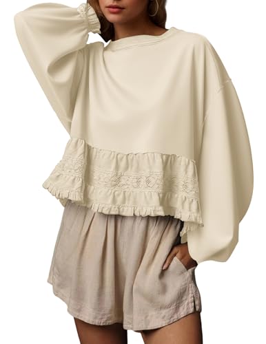 Burtell Crew Neck Crop Oversized Sweatshirts For Women Casual Long Puff Sleeve Babydoll Tops Loose Lace Patchwork Peplum Top - color: Beige, size: Medium