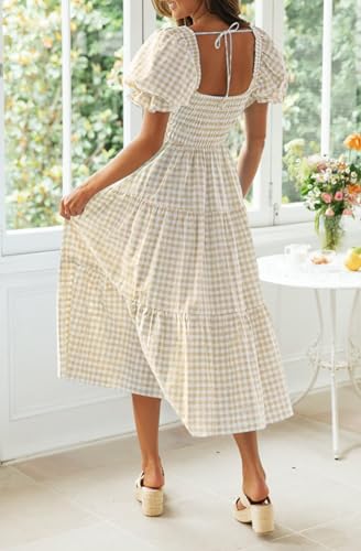 ZESICA Women's Summer Boho Gingham Puff Sleeve Square Neck Beach Midi Dress - color: Beige, size: Medium