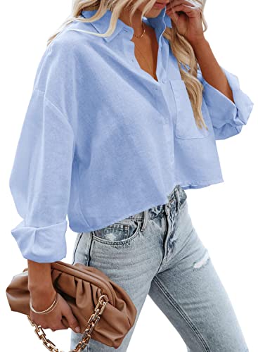 LAYOGAS Womens Crop Button Down Shirts Casual Long Sleeve Lapel Blouse - color: 03-light Blue, size: Large