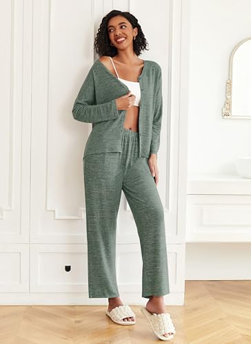 Ekouaer Womens Pajama Sets Button Up Long Sleeve Lounge Set Soft V Neck Pj - color: Army Green, size: Large