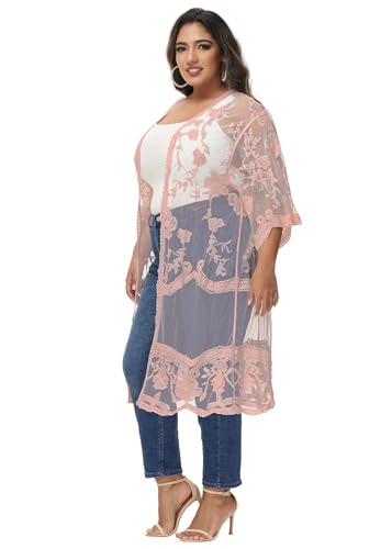 Anna-Kaci Women's Plus Size Lace Cardigan Embroidered Long Kimono Dusters with Half Sleeves - color: Mauve, size: X-Large-XX-Large
