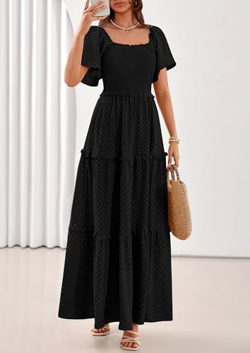 PRETTYGARDEN Womens Summer Dresses Boho Maxi Swiss Dot Dress - color: Black, size: X-Large