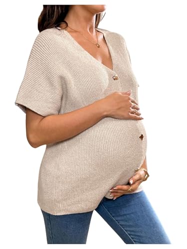 MakeMeChic Women's Maternity Summer Clothes V Neck Sweater Short Sleeve Button Pregnancy Tops - size: Small