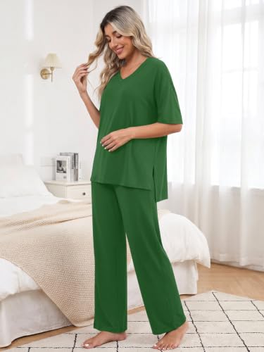 Aodemo Lounge Sets for Women 2 Piece Fall Pajamas Pj Outfits - color: Dark Green, size: XX-Large