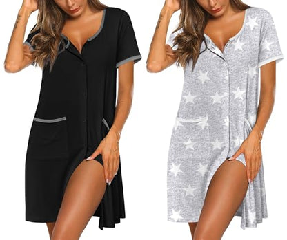Ekouaer 2 Pack Nightgowns for Women Button Down Houese Dress with Pockets - color: Black/Grey Stars, size: Medium