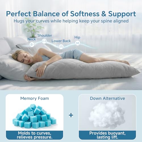 BEDELITE Cooling Body Pillow, Memory Foam Filled, Light Grey, 20x54 Inches - color: Grey