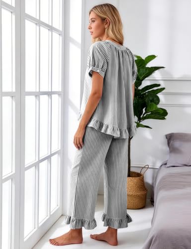 Flygo Womens Striped Pajama Sets Cotton 2 Piece Ruffle Lounge Pjs - color: Black, size: Large