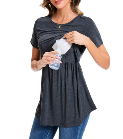 Sosolism Women's Maternity Nursing Shirts for Breastfeeding Ruched S-XXL - color: Dark Grey, size: XX-Large