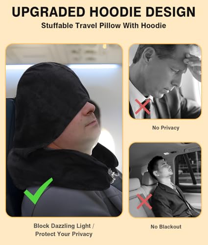 Stuffable Travel Neck Pillow with Hood, Soft Velvet Fabric,Black - size: Type A