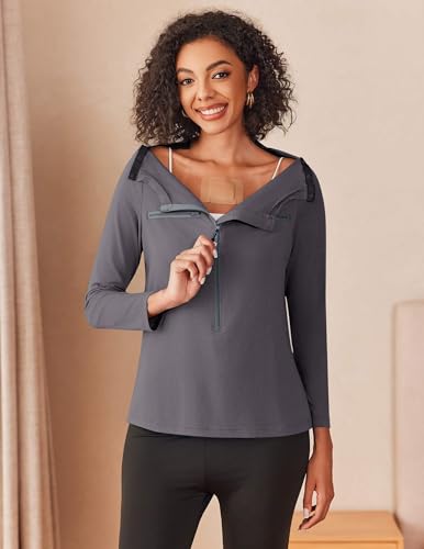 Deyeek Women's Long Sleeve Chemo Shirts Port Access Chemotherapy Apparel - color: Dark Grey, size: XX-Large