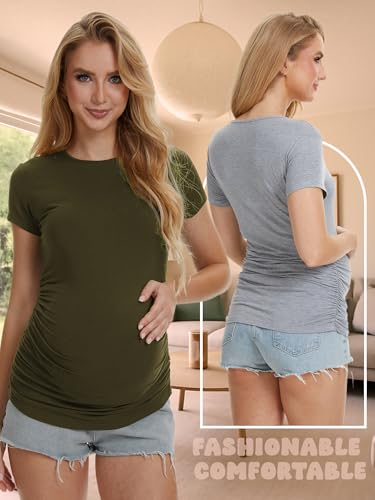 3 Pack Womens Maternity Shirts, Crew Neck Maternity Top Short Sleeve - color: Black/Light Grey/Army Green, size: XX-Large