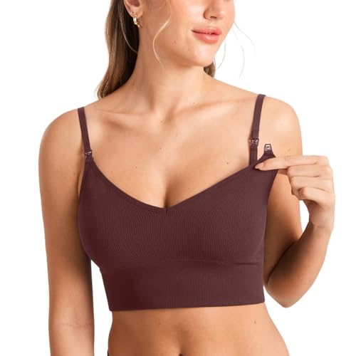 MOMANDA Ribbed Longline Nursing Bras - color: Hazelnut, size: Large