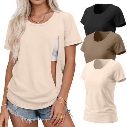 3 Pack Nursing Tops for Women - color: Beige, Coffee, Black, size: Large