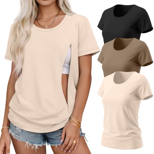 3 Pack Nursing Tops for Women - color: Beige, Coffee, Black, size: Small