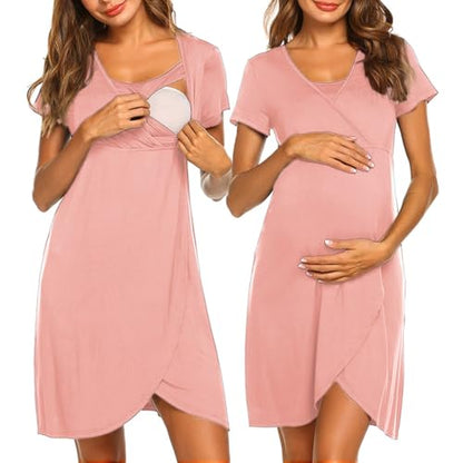 Nursing Nightgown Short Sleeve Breasfeeding Birthing Gown Maternity Dress - color: Pink, size: Small