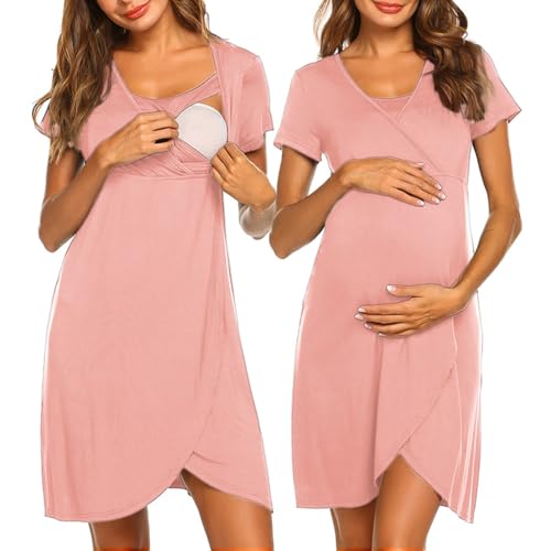 Nursing Nightgown Short Sleeve Breasfeeding Birthing Gown Maternity Dress - color: Pink, size: Large