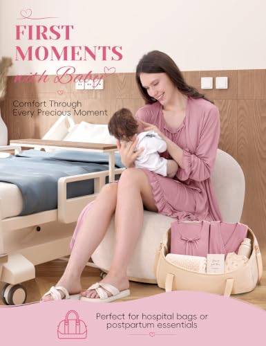 Maternity Nursing Gown & Robe Set, Ruffle Labor Delivery Nightgowns - color: Dusty Rose, size: Large
