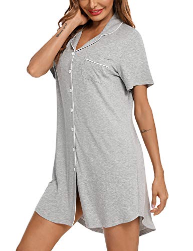 Senert Nightgowns for Women Button Down Sleeve Sleep Shirt Night Gowns - color: Light Grey, size: X-Large