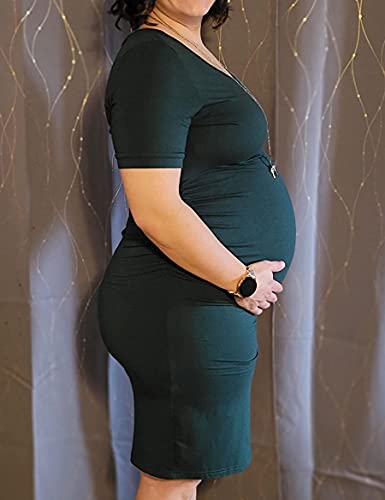 Peauty Side Ruched Maternity Bodycon Dress Short Sleeve Style Baby Shower - color: H. Dark Green, size: Medium