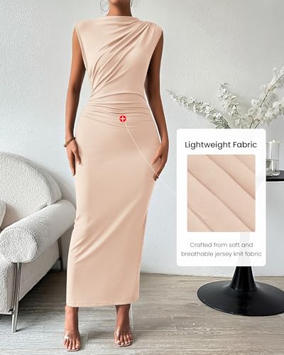 BTFBM Women Ruched Bodycon Maxi Dresses Summer Casual - color: Beige, size: Medium