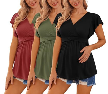 Ekouaer Maternity Shirts 3 Packs Nursing Tops Pregnancy Clothes - color: Black+army Green+wine Red(3pcs), size: Medium