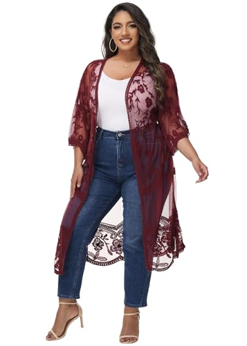 Anna-Kaci Women's Plus Size Lace Cardigan Embroidered Long Kimono Dusters with Half Sleeves - color: Burgundy, size: 3X-Large-4X-Large