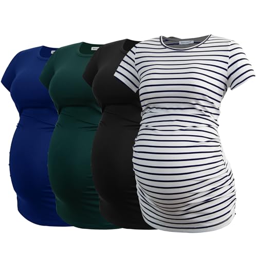 Smallshow Women's 4 Pack Maternity Shirts Short Sleeve Pregnancy Tops Clothes - color: Black-deep Green-navy-white Stripe(4 Pack), size: Medium
