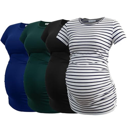 Smallshow Women's 4 Pack Maternity Shirts Short Sleeve Pregnancy Tops Clothes - color: Black-deep Green-navy-white Stripe(4 Pack), size: Medium