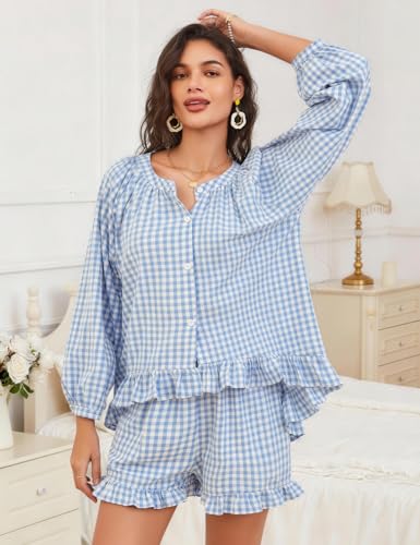 Flygo Womens Gingham 2 Piece Pajama Sets Y2K Cotton Ruffle Short Sets - color: Blue, size: X-Large