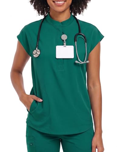 VECARDI Womens Scrub Top Zip Front Dolman Sleeves with Pockets - color: Hunter Green, size: Medium