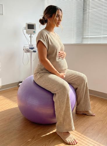 BLENCOT Maternity Sets Summer Ribbed Knit Pajamas Outfits - color: Khaki, size: Medium