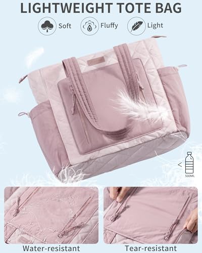 Bagstellar Puffer Tote Bag for Women, Lightweight Puffy Work Laptop Handbag - color: Pink